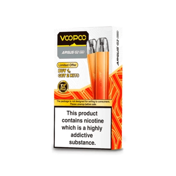 Vaper Recargable Voopoo Argus G2 Mini Pod Kit caja original con advertencia frontal sobre contenido de nicotina en el packaging.