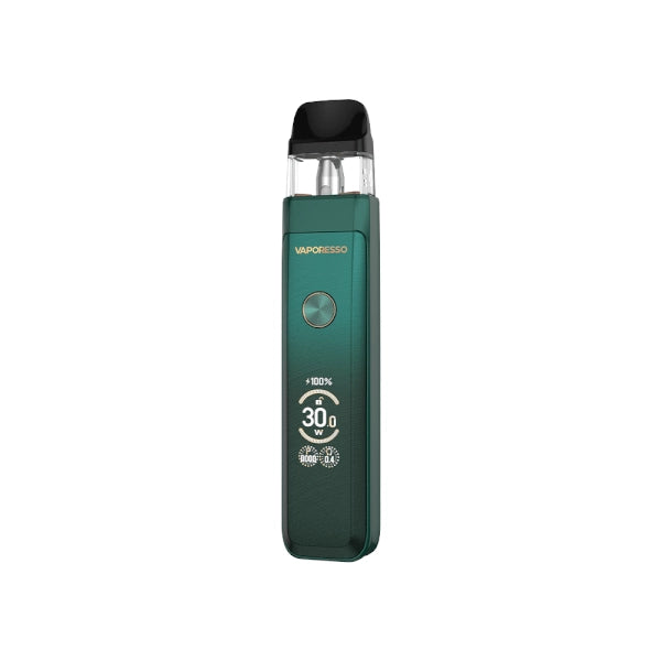 Rechargeable vape Vaporesso Xros Pro 2 in green with an elegant design, front screen that shows power and battery, central circular button and transparent upper cartridge with black mouthpiece.
