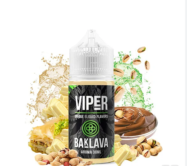 Botella de aroma Viper Baklava de 30 ml, con diseño en negro y detalles distintivos de la marca, que representa un sabor dulce inspirado en el postre tradicional de baklava.