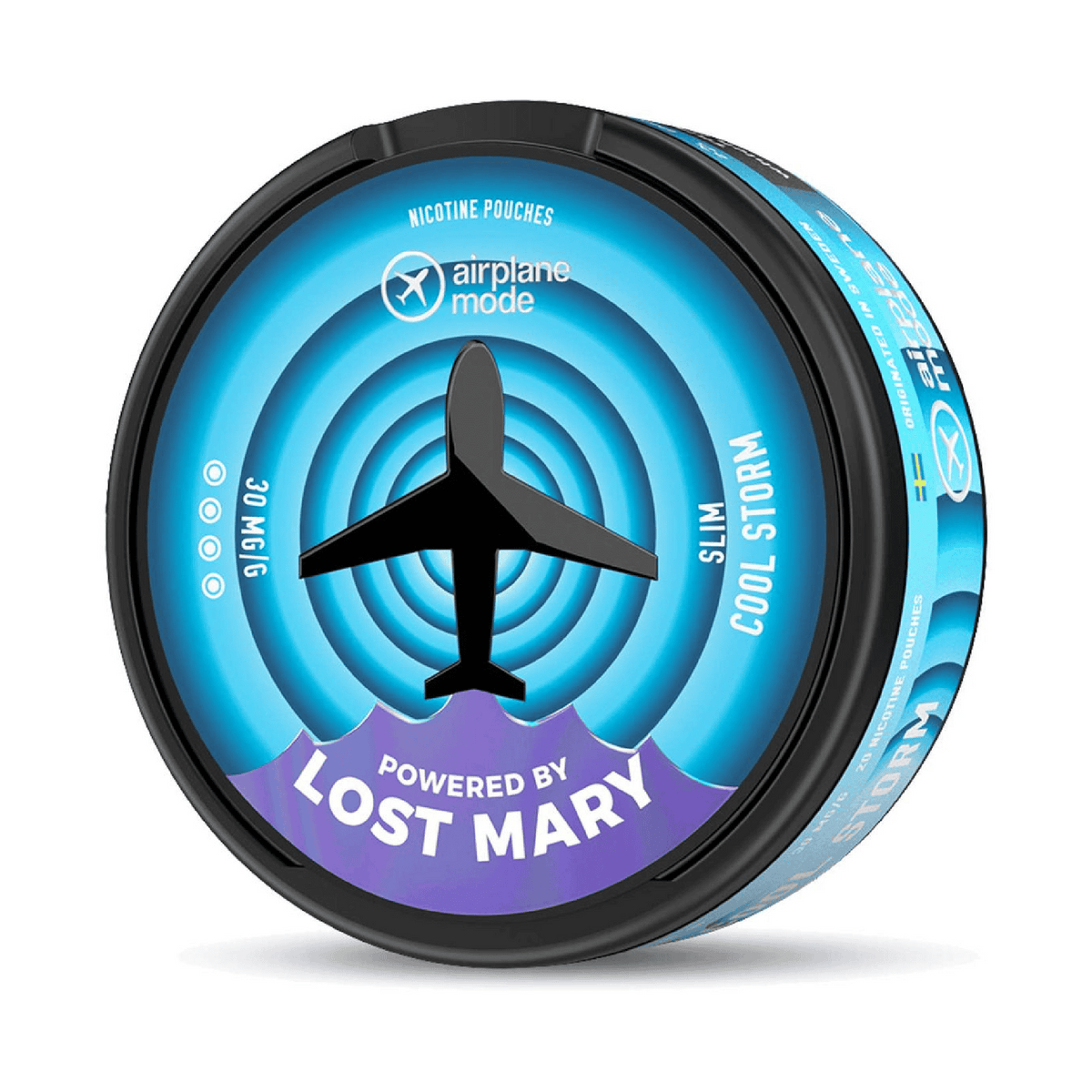 Nicotine Pouches Airplane Mode by Lost Mary Cool Storm, nicotine pouches Fresh mint flavor with an intensely refreshing effect for oral use without smoke or steam, slim format in a compact 30 mg/g can with a blue design inspired by sensations of freshness.