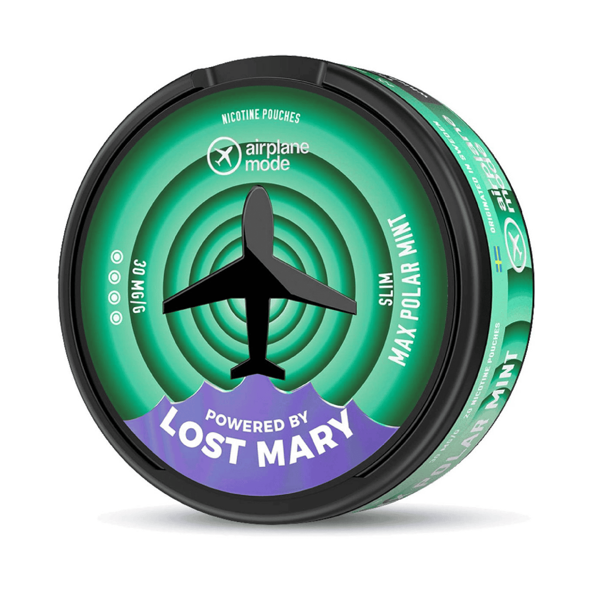 Bolsitas de nicotina Airplane Mode by Lost Mary Max Polar Mint, nicotine pouches sabor menta polar extra fresca para uso oral sin humo ni vapor, formato slim en lata compacta con diseño inspirado en una sensación de frescor intenso.
