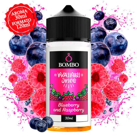 Wailani Juice di Bombo Blueberry and Raspberry aroma longfill bottiglia da 30 ml (formato 30/120 ml), dal design fruttato che evoca mirtilli e lamponi.