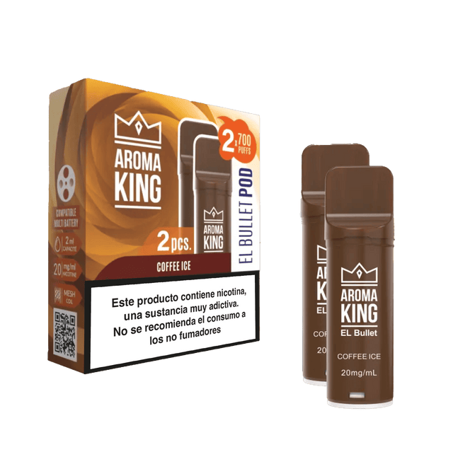 Vaper Aroma King EL Bullet Pod sabor Coffee Ice 20mg/mL 1400 puffs (2x700), pack de 2 cápsulas marrones