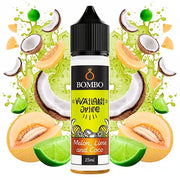 Wailani Juice by Bombo Melon, Lime and Coconut 15 ml aroma bottle (15/60 ml longfill format), with a tropical and colorful design, which represents a refreshing taste of melon, lime and coconut.