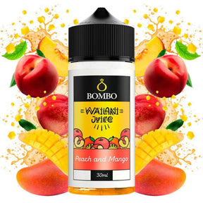 Wailani Juice di Bombo Flacone aroma longfill pesca e mango da 30 ml (formato 30/120 ml), dal design fruttato che evoca pesca e mango.