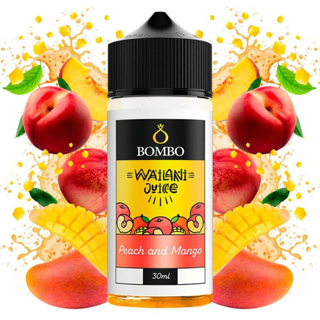 Wailani Juice di Bombo Flacone aroma longfill pesca e mango da 30 ml (formato 30/120 ml), dal design fruttato che evoca pesca e mango.