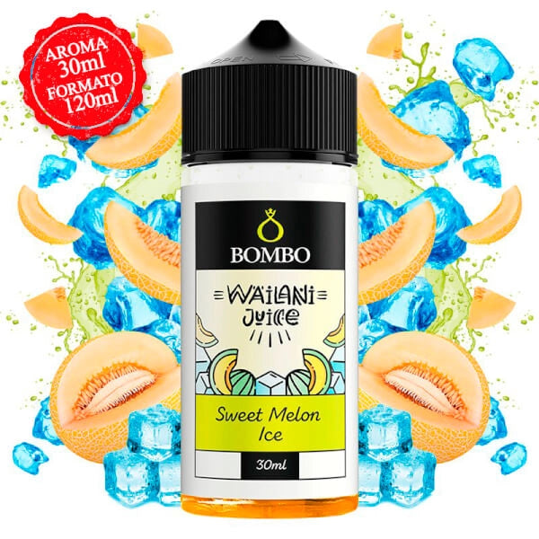 Wailani Juice di Bombo Sweet Melon Ice bottiglia aroma longfill da 30 ml (formato 30/120 ml), dal design rinfrescante che evoca il dolce melone con un effetto freddo.