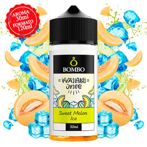 Wailani Juice di Bombo Sweet Melon Ice bottiglia aroma longfill da 30 ml (formato 30/120 ml), dal design rinfrescante che evoca il dolce melone con un effetto freddo.