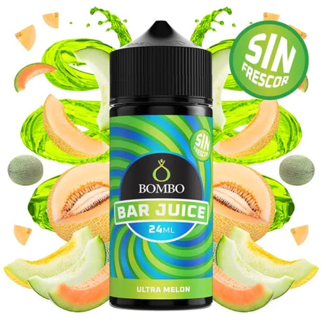 Bouteille d'arôme à remplissage long Bombo Bar Juice Ultra Melon sans fraîcheur de 24 ml, au design fruité qui évoque la douceur du melon.