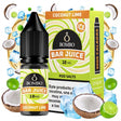 e-liquid bottle Bombo Bar Juice Coconut Lime 10 ml with a label in green and orange tones, next to its box, accompanied by coconut and lime that evoke a tropical, fresh and slightly citrus flavor.