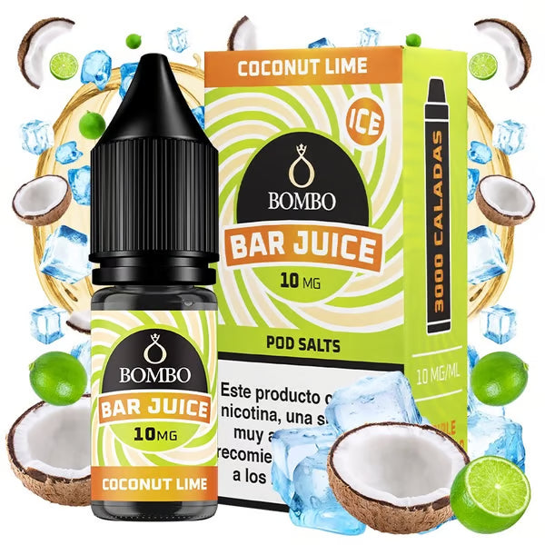 e-liquid bottle Bombo Bar Juice Coconut Lime 10 ml with a label in green and orange tones, next to its box, accompanied by coconut and lime that evoke a tropical, fresh and slightly citrus flavor.