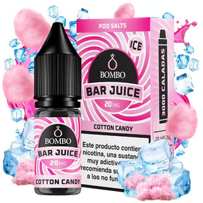 Botella de e-liquid Bombo Bar Juice Cotton Candy de 10 ml con etiqueta en tonos rosados, junto a su caja, acompañada de algodón de azúcar que evoca un sabor dulce, ligero y tipo feria.