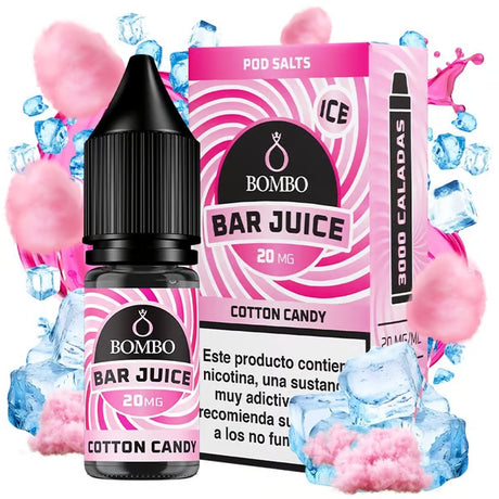 Botella de e-liquid Bombo Bar Juice Cotton Candy de 10 ml con etiqueta en tonos rosados, junto a su caja, acompañada de algodón de azúcar que evoca un sabor dulce, ligero y tipo feria.