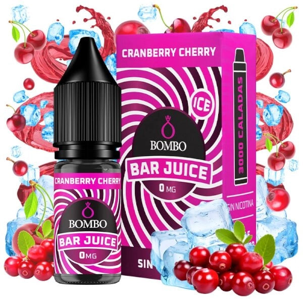 Botella de e-liquid Bombo Bar Juice Cranberry Cherry de 10 ml, con diseño afrutado que evoca arándanos y cereza.