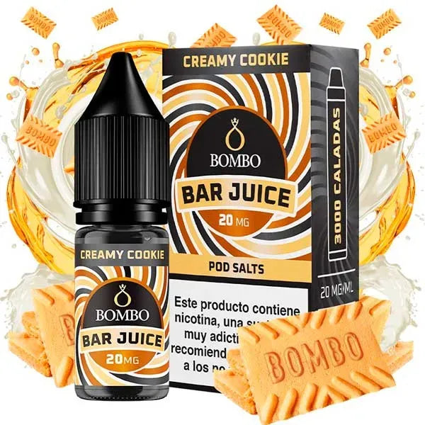 e-liquid bottle Bombo Bar Juice Creamy Cookie of 10 ml with a label in brown and beige tones, next to its box, accompanied by cookies and cream that evoke a sweet, creamy and dessert-like flavor.