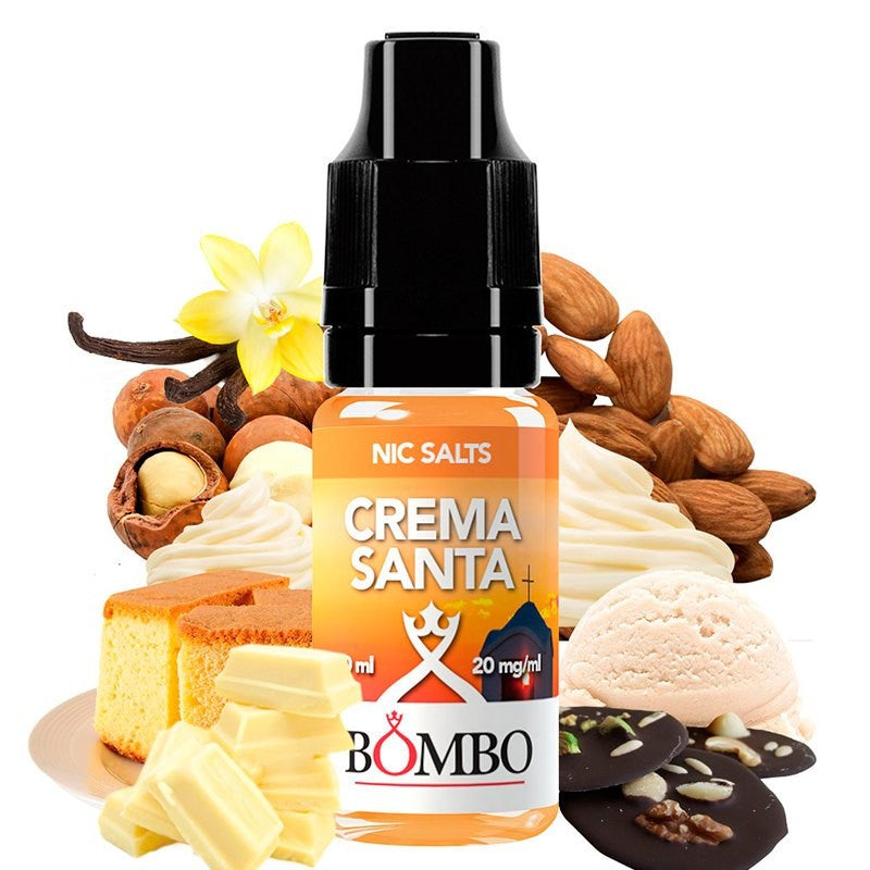 e-liquid bottle Bombo Bar Juice 10 ml (10 mg) Holy Cream with a label in soft tones, along with its box, accompanied by creamy elements that evoke a sweet, soft, dessert-like flavor.