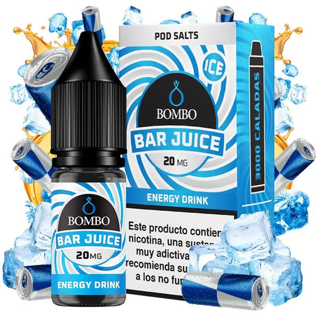 Botella de e-liquid Bombo Bar Juice Energy Drink Ice de 10 ml con etiqueta en tonos azules, junto a su caja, acompañada de hielo y elementos que evocan bebida energética, sugiriendo un sabor intenso, dulce y refrescante.