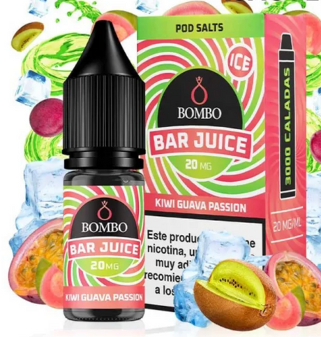 Botella de e-liquid Bombo Bar Juice Kiwi Passion Fruit de 10 ml con etiqueta en tonos verdes y amarillos, junto a su caja, acompañada de kiwi y fruta de la pasión que evocan un sabor tropical, dulce y ligeramente ácido.
