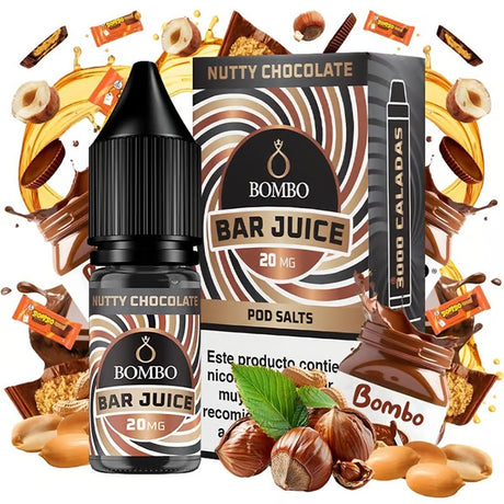 Botella de e-liquid Bombo Bar Juice Nutty Chocolate de 10 ml con etiqueta en tonos marrones, junto a su caja, acompañada de chocolate y frutos secos que evocan un sabor dulce, intenso y cremoso.