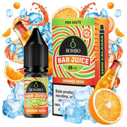 bouteille d'e-liquide Bombo Bar Juice 10 ml Orange Soda avec une étiquette aux tons orange, à côté de sa boîte, accompagné de tranches d'orange et de bulles qui évoquent une saveur de type soda agrume, sucrée et rafraîchissante.