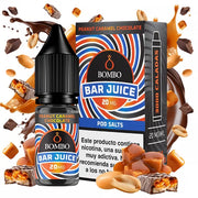 bouteille d'e-liquide Bombo Bar Juice Peanut Chocolate Caramel 10 ml, au design doux qui évoque les cacahuètes, le chocolat et le caramel.