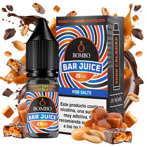 Botella de e-liquid Bombo Bar Juice Peanut Chocolate Caramel de 10 ml, con diseño dulce que evoca cacahuete, chocolate y caramelo.