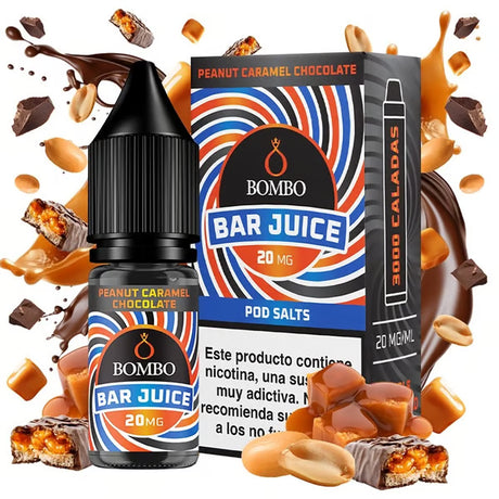 Botella de e-liquid Bombo Bar Juice Peanut Chocolate Caramel de 10 ml, con diseño dulce que evoca cacahuete, chocolate y caramelo.