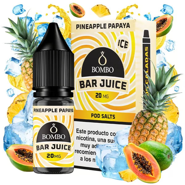 bottiglia di liquido elettronico Bombo Bar Juice Pineapple Papaya 10 ml, dal design tropicale che evoca l'ananas e la papaya.