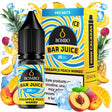 Botella de e-liquid Bombo Bar Juice Pineapple Peach Mango de 10 ml con etiqueta en tonos amarillos y naranjas, junto a su caja, acompañada de piña, melocotón y mango que evocan un sabor tropical, dulce y afrutado.