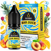 bouteille d'e-liquide Bombo Bar Juice Ananas Pêche Mangue 10 ml avec une étiquette dans les tons jaune et orange, à côté de sa boîte, accompagné d'ananas, de pêche et de mangue qui évoquent une saveur tropicale, douce et fruitée.