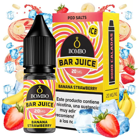 Botella de e-liquid Bombo Bar Juice Strawberry Banana de 10 ml con etiqueta en tonos rojos y amarillos, junto a su caja, acompañada de fresas y plátano que evocan un sabor dulce, cremoso y afrutado.