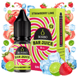 e-liquid bottle Bombo Bar Juice 10 ml Strawberry Lime Ice with a label in red and green tones, along with its box, accompanied by strawberries, lime and ice that evoke a sweet, citrus and refreshing flavor.