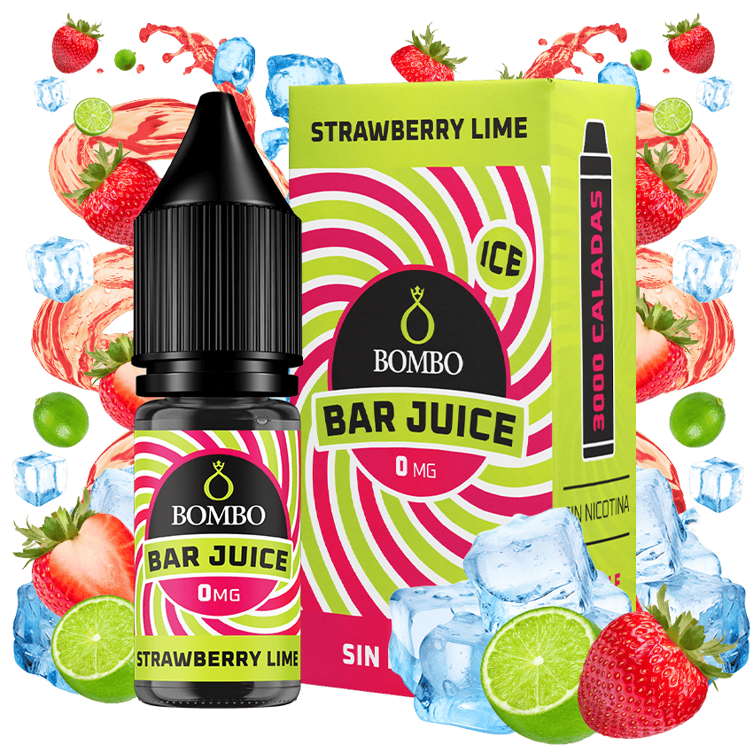 e-liquid bottle Bombo Bar Juice 10 ml Strawberry Lime Ice with a label in red and green tones, along with its box, accompanied by strawberries, lime and ice that evoke a sweet, citrus and refreshing flavor.