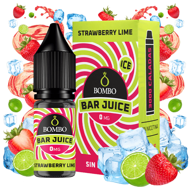 e-liquid bottle Bombo Bar Juice 10 ml Strawberry Lime Ice with a label in red and green tones, along with its box, accompanied by strawberries, lime and ice that evoke a sweet, citrus and refreshing flavor.