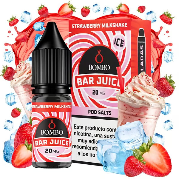 e-liquid bottle Bombo Bar Juice 10 ml Strawberry Milkshake flavor, with a colorful design and sweet style that evokes a strawberry milkshake.