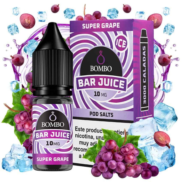 Botella de e-liquid Bombo Bar Juice Super Grape Ice de 10 ml con etiqueta en tonos morados, junto a su caja, acompañada de uvas y hielo que evocan un sabor dulce, afrutado y refrescante.