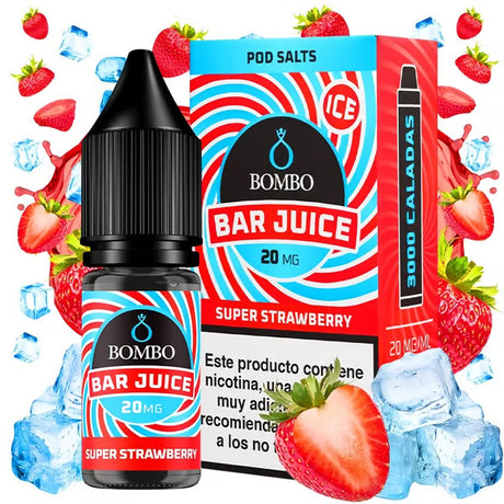 Botella de e-liquid Bombo Bar Juice Super Strawberry de 10 ml, con diseño afrutado que evoca fresa dulce.