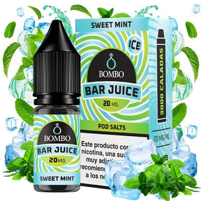 Botella de e-liquid Bombo Bar Juice Sweet Mint Ice de 10 ml con etiqueta en tonos verdes, junto a su caja, acompañada de hojas de menta y hielo que evocan un sabor dulce, fresco y mentolado.