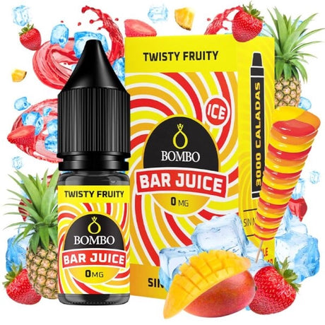 Botella de e-liquid Bombo Bar Juice Twisty Fruity de 10 ml, con diseño colorido que evoca una mezcla de frutas tropicales con efecto refrescante.