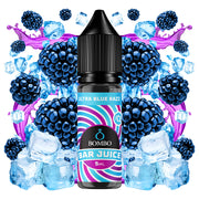 bottiglia di liquido elettronico Bombo Bar Juice Ultra Blue Razz 10 ml con un'etichetta blu, accanto alla sua scatola, accompagnato da lamponi blu che suggeriscono un sapore dolce e leggermente acido.