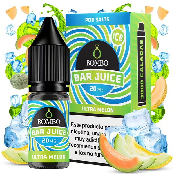 Botella de e-liquid Bombo Bar Juice Ultra Melon de 10 ml con etiqueta verde y azul, junto a su caja, rodeada de trozos de melón e hielo que sugieren un sabor fresco y dulce.