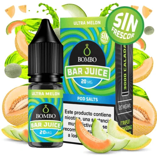 e-liquid bottle Bombo Bar Juice Ultra Melon without freshness of 10 ml, with a fruity design that evokes sweet melon.
