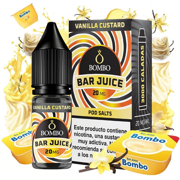 e-liquid bottle Bombo Bar Juice Vanilla Custard flavor of 10 ml, with a sweet design that evokes creamy vanilla and custard.