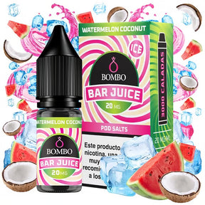 bottiglia di liquido elettronico Bombo Bar Juice Gusto Anguria Cocco da 10 ml, dal design tropicale che evoca l'anguria e il cocco.