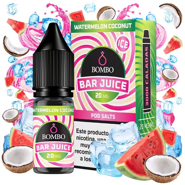 bottiglia di liquido elettronico Bombo Bar Juice Gusto Anguria Cocco da 10 ml, dal design tropicale che evoca l'anguria e il cocco.