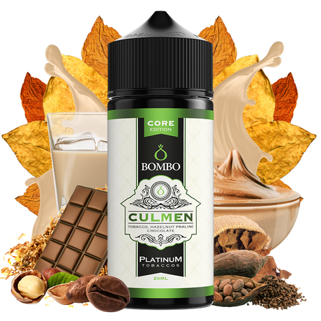Bombo Culmen Platinum Tobaccos 20 ml aroma bottle (20/120 ml format), with an elegant design in beige and green tones, which represents a tobacco flavor with intense, sweet and slightly toasted nuances from the Platinum Tobaccos range.