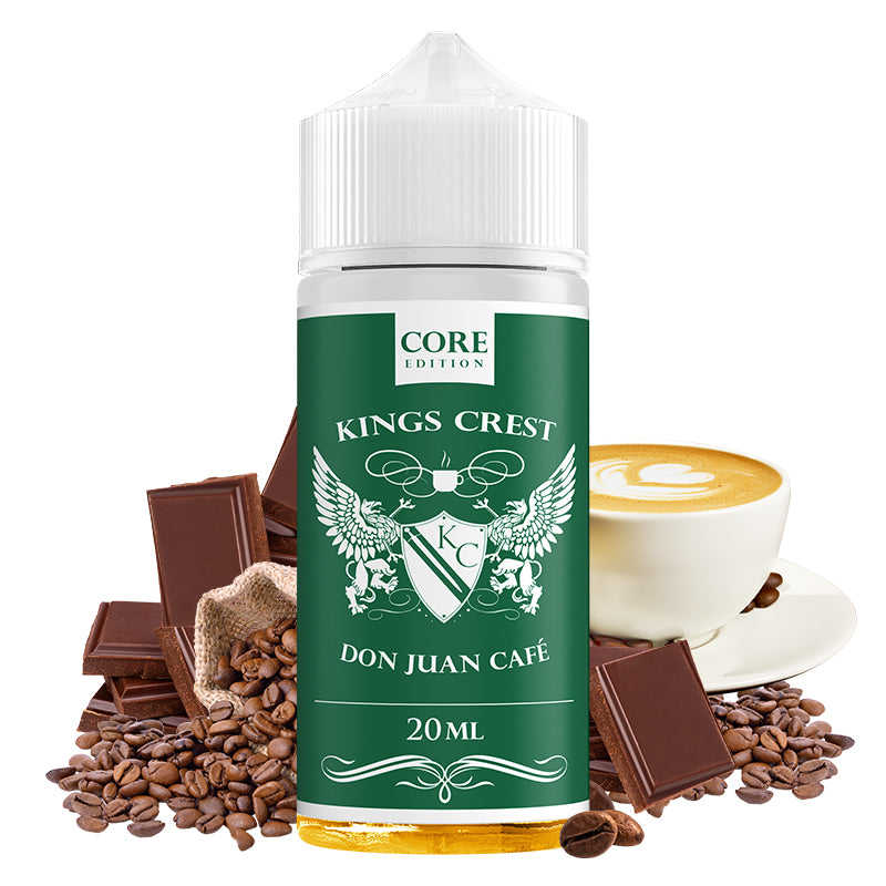 Bombo King Crest Don Juan Café aroma bottle of 20 ml (20/120 ml format), with black design and gold details, which represents a dessert flavor with notes of coffee, sweet cream and nuances of soft tobacco.