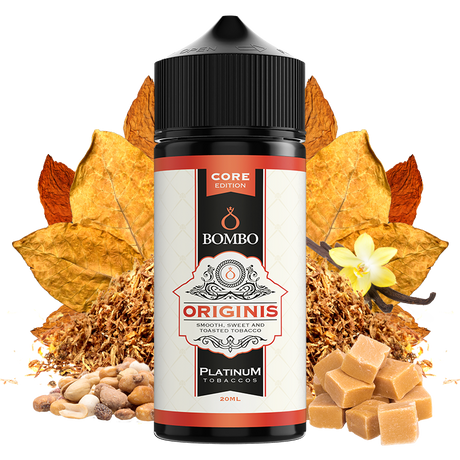 Bombo Originis Platinum Tobaccos Flacone aroma da 20 ml (formato 20/120 ml), dal design elegante nei toni del beige e del rosso, accompagnato da foglie di tabacco, vaniglia, noci e caramello che ne rappresentano il sapore dolce e tostato.