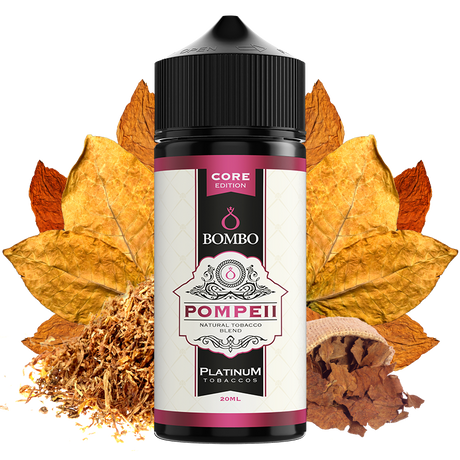 Bombo Pompei Platinum Tobaccos Flacone aroma da 20 ml (formato 20/120 ml), dal design elegante nei toni del beige e del rosso, che rappresenta un sapore di tabacco con sfumature dolci e speziate caratteristiche della gamma Platinum Tobaccos.
