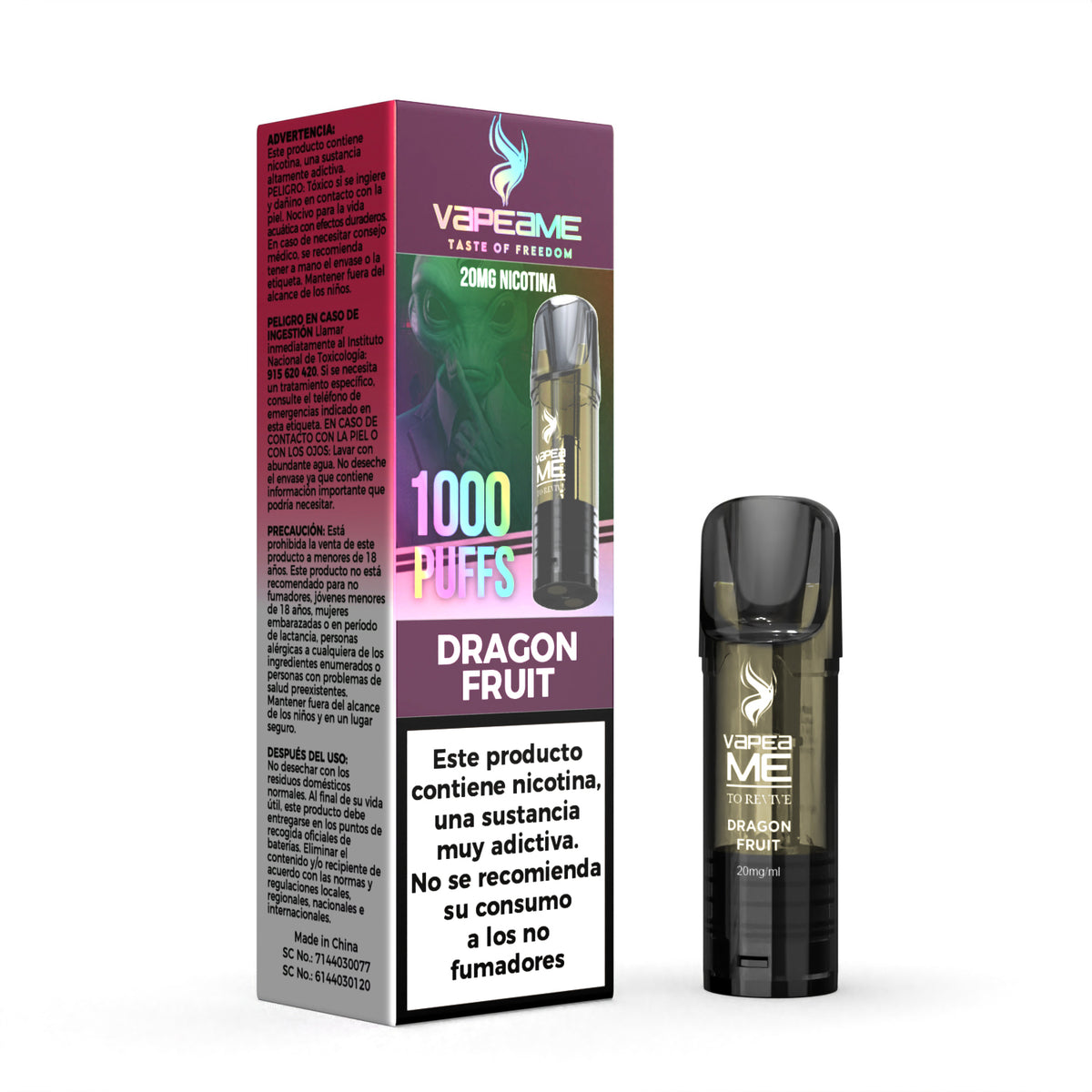 Capsule Vapeame To Revive Dragon Fruit x1, rechargeable vape pod with dragon fruit flavor e-liquid with a tropical and sweet profile, 2 ml capacity, 20 mg/ml of nicotine and up to 1000 puffs, presented together with its original box with product information.